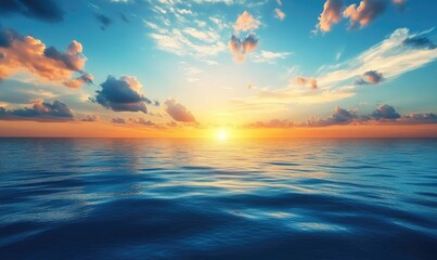 Sunset over calm ocean with colorful sky and clouds