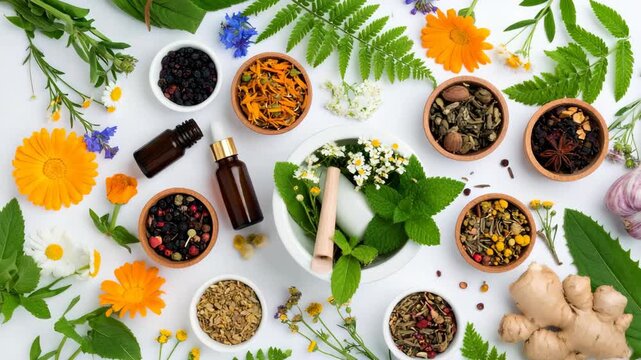 Botanical ingredients displayed on white surface in bowls and mortar, natural medicine preparation with herbs and ginger root