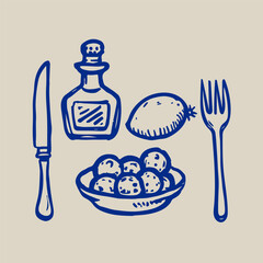Hand Drawn Sketch Food and Drink, Cutlery. Charcoal Trendy Vector Illustration. Plate of Food, Fork, Knife, Lemon and Bottle in Sketch Chalk Style
