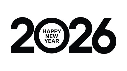 Bold black typography design featuring “2026” with “HAPPY NEW YEAR” inside the zero—ideal for festive greeting cards, promotional banners, seasonal posters, and New Year celebration graphics 