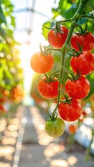Ripe tomatoes on vine, sunlit greenhouse