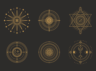 Set of moon and sun line art. Minimal boho linear symbols. Celestial mystic element. Vector line art illustration