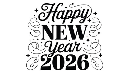  Elegant black and white festive graphic with “Happy New Year 2026” text, stars, confetti, and streamers—ideal for greeting cards, social media, and seasonal celebration designs