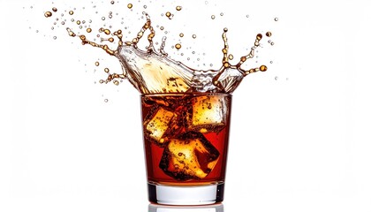 Drink with splash and ice on white