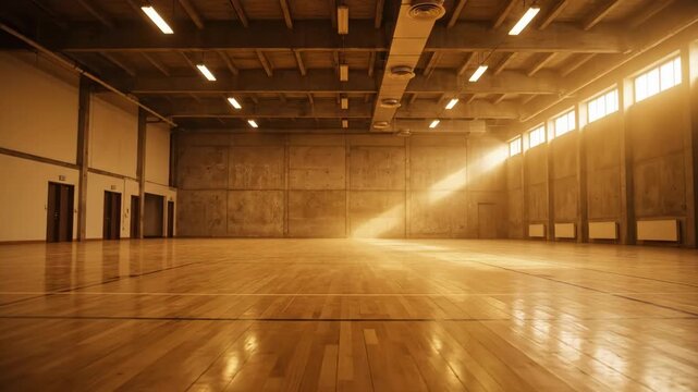 An empty gymnasium floor awaits activity under changing light. Sunbeams illuminate the wooden court, creating a warm, inviting atmosphere.
