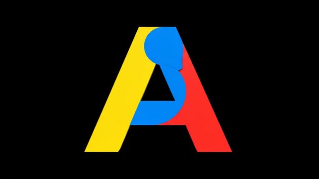 Geometric shapes dynamically assemble, forming a vibrant, abstract letter A. This creative animation showcases colorful elements transforming on a black background.