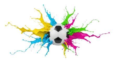 photorealistic classic soccer ball erupting with dynamic liquid paint splashes (yellow, blue, green, magenta), frozen mid-air against a transparent studio background, concept of explosive energy
