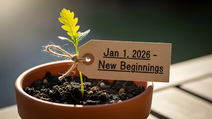 New Beginnings Jan 1 2026 - A Young Plant Sprouting in a Pot Symbolizing Growth and Renewal