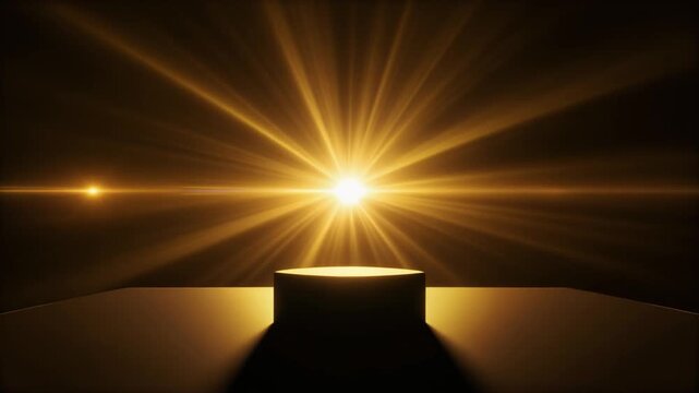 Golden Podium Illuminated by Intense Starburst Light on Dark Stage image photo