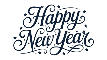 Obraz premium Elegant “Happy New Year” Typography Design with Decorative Swirls and Stars, Festive Holiday Greeting Lettering for New Year Celebrations, Seasonal Greeting Card Illustration