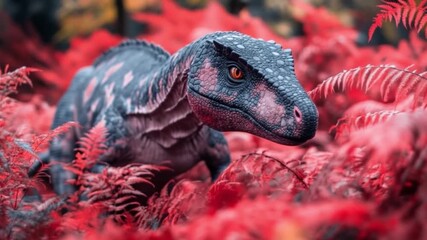 A stunning AI-generated dinosaur emerges from lush red ferns. Experience the beauty of prehistoric life. Uncover the vivid world of imagination. Generative AI. - Powered by Adobe