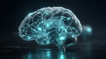 Glowing Human Brain Connect to Digital Network AI Technology Background. Wireframe Transparent Structure Intellect Illumination Visualization 4K