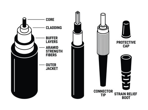 Optical fiber cable detailed components, connector tip, protective cap, strain relief boot.