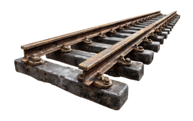 Angled railway track perspective with concrete sleepers and steel rails illustrating transportation infrastructure on transparent background