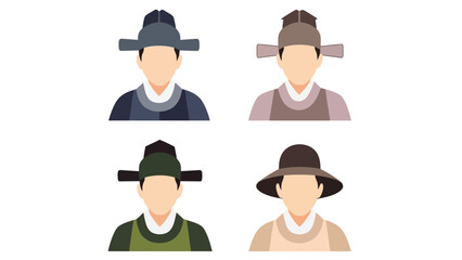 Four stylized portraits of people wearing traditional korean hats and clothing