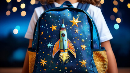 A close-up view of a children's backpack decorated with a colorful rocket and star designs, creating a playful outer-space theme. The backpack features bright blue tones, golden accents, and whimsical