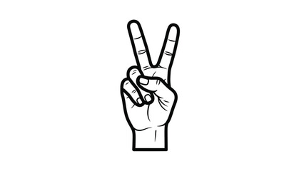 Peace Sign Hand Gesture Vector Illustration. Black and White Outline Drawing of Human Palm Showing Victory Symbol