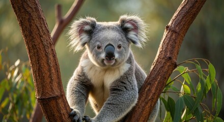 Obraz premium Close-up of a koala in a eucalyptus tree. Sunlight highlights the furry creature. Its face is visible, with a gentle expression. Strong tree branches hold the koala securely