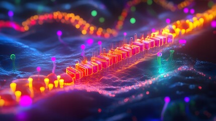 Abstract visualization of glowing neon dna helix structure representing genetic sequencing data flow in a dark digital environment