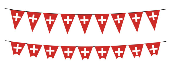 Swiss Pennant Flag Strings &ndash; Red and White Cross Bunting, National Celebration Decor, Triangular and Swallowtail Shapes, Festive Swiss Event Graphic