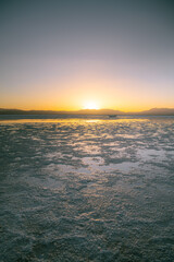 A beautiful shot of the Chaka Salt Lake during the sunset in Qinghai, China, close up on the salt