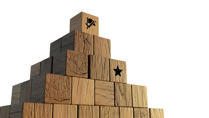 Fototapeta premium Wooden block pyramid reaching for the top with a success flag and star cutout, symbolizing achievement and goal setting