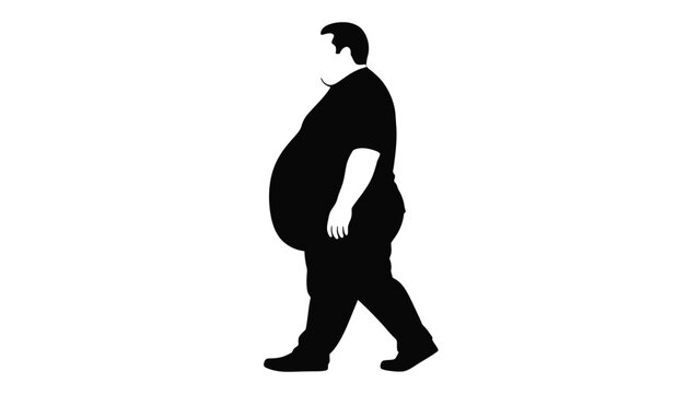 Black Vector Silhouette Illustration of an Overweight Man Walking