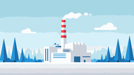 Obraz premium Modern industrial factory with smoking chimney against a clear blue sky and stylized trees.