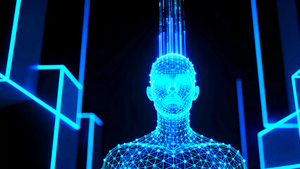 Digital human wireframe glowing blue data stream connection artificial intelligence technology concept virtual reality metaverse cyberspace futuristic network interface simulation abstract