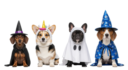 Four expressive dogs wearing detailed halloween costumes (witch, unicorn, ghost, wizard) posing in a neat line against a transparent studio background with ample negative copy space. Concept for