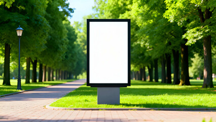 Blank vertical billboard mockup in sunny park alley with green trees and paved walkway for outdoor advertising design presentation mockup template