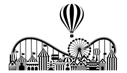 black silhouette skyline of a carnival or amusement park, featuring a roller coaster, Ferris wheel, hot air balloon, and striped tents. Ideal for fun, entertainment, theme park, and summer fair themes