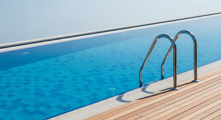 Bright blue infinity pool with modern wooden deck and clear sky backdrop