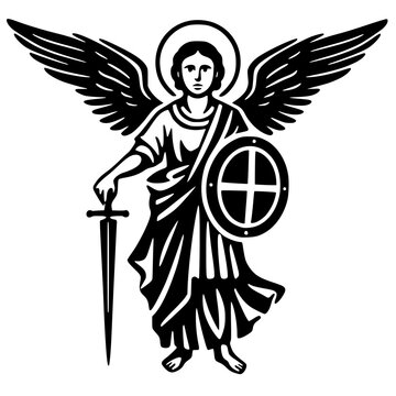 Stylized black vector illustration of an armored Archangel (St. Michael) with a sword, shield, and halo.