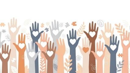 A vibrant illustration showcasing diverse hands holding hearts, raised in unison, representing global unity, compassionate community, and collective support