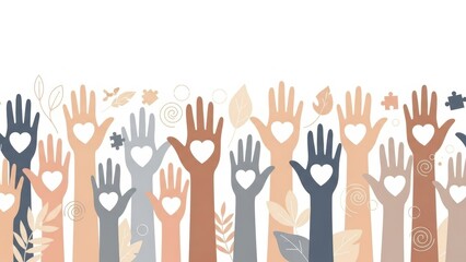 Diverse hands reaching upwards with hearts, symbolizing unity, compassion, and community spirit, fostering a sense of shared love and support among people worldwide