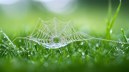 Morning Dew on Meadow Grass Dew covered spiderweb glistening in the morning light in a meadow, delicate and intricate details, natural beauty and wonder