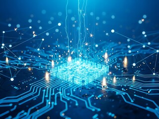Abstract digital circuit board with glowing blue lines and nodes representing artificial intelligence and data transfer on a dark background