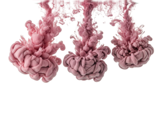 three dense plumes of highly saturated blush pink liquid dye dissolving slowly in crystal-clear water. ultra-detailed macro shot against white with bokeh. concept of abstract fluid dynamics