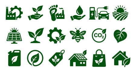 Eco energy icons set representing sustainability, renewable resources, recycling, green transport, CO2 reduction, organic production, and environmental protection.