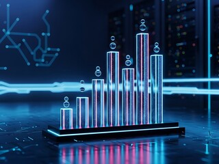 Futuristic glowing bar chart representing financial growth and data analysis on a dark digital background with circuit board elements