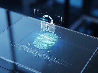 Secure digital fingerprint scan on a futuristic interface with a padlock symbol on a blue glass screen in a dark room