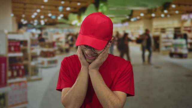 Young hispanic man wearing red cap and shirt and glasses holds cheeks at busy airport terminal; toothache.