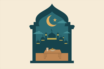 Ramadan Kareem Mosque Illustration &ndash; Night Prayer and Crescent Moon Vector