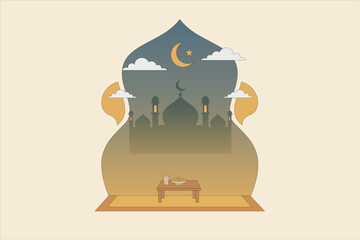 Islamic Mosque Dome Illustration &ndash; Ramadan Kareem and Iftar Night Scene