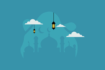 Ramadan Night Mosque Illustration &ndash; Flat Islamic Background with Lanterns