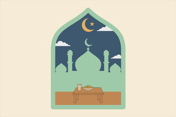 Ramadan Kareem Night Illustration &ndash; Mosque Window and Prayer Bedouin Style