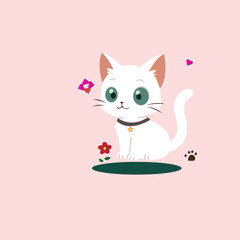Fototapeta premium Cute white cartoon cat with flowers and heart on light pink background