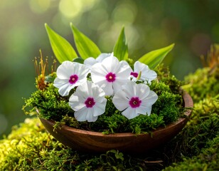 Delicate white blooms with purple centers rest in moss-filled wooden bowl
