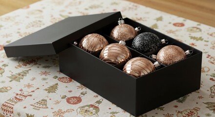 Christmas ornaments in black box on festive wrapping paper background  